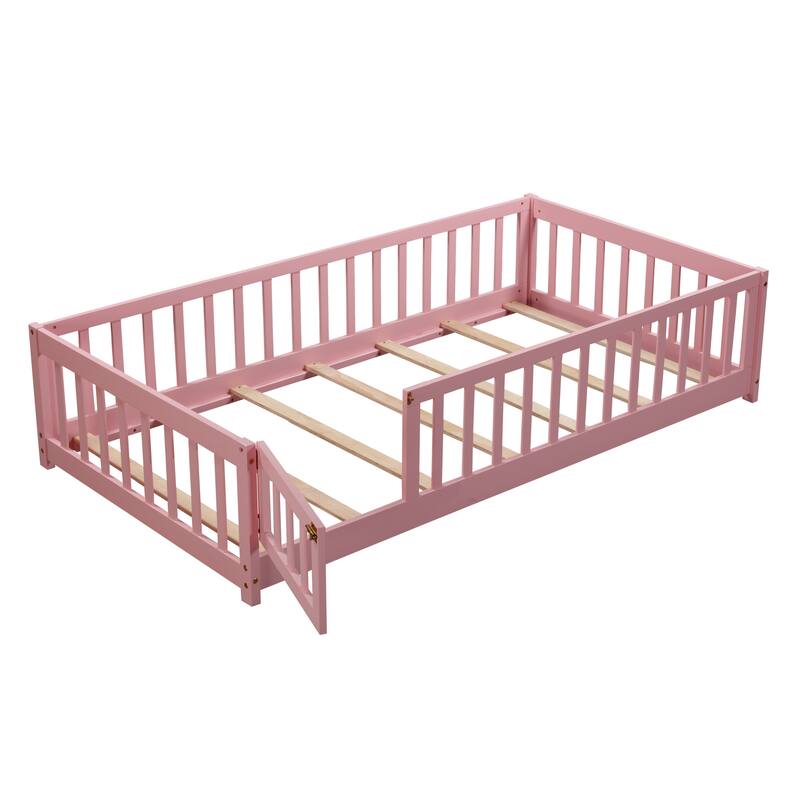 Floor Bed with Fence,Door and Safety Guardrails,Perfect for Kids' Play,Sleep and Development
