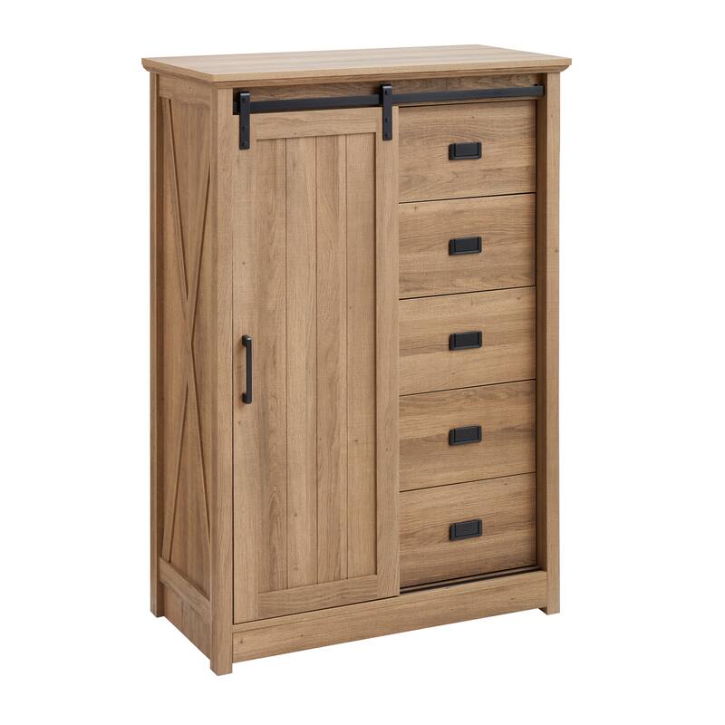 Oak Farmhouse 5-Drawer Dresser with Sliding Barn Door, Versatile
