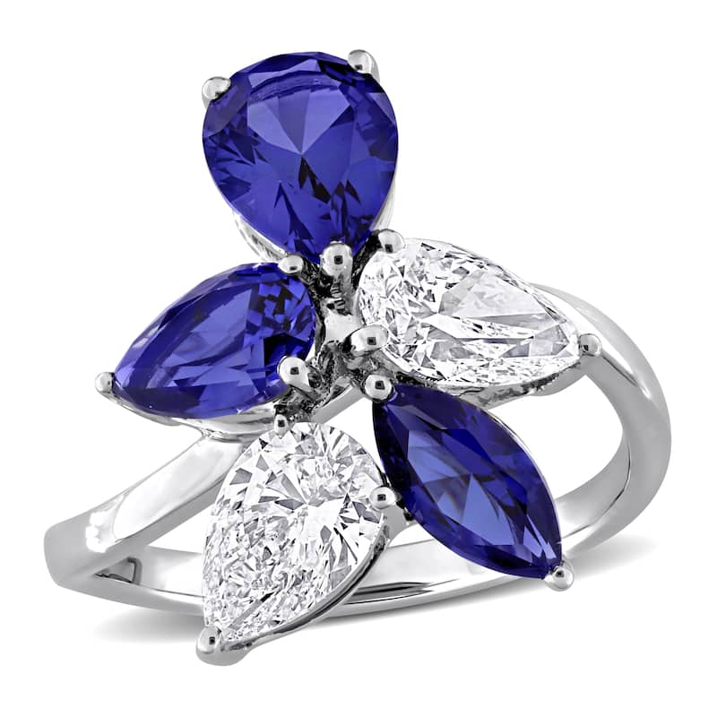 3 1/4ct TGW Created Blue Sapphire 1 1/2ct TW Lab-Grown Diamond Ring 18k White Gold
