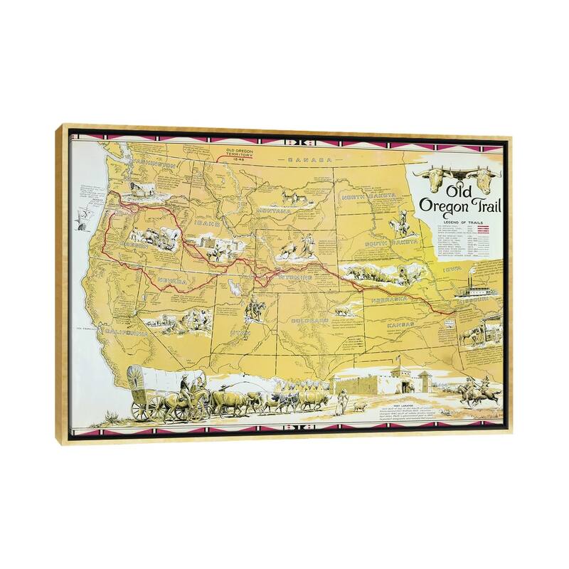iCanvas "Map of the Old Oregon Trail " by American School Framed Canvas Print - Gold - 18x26