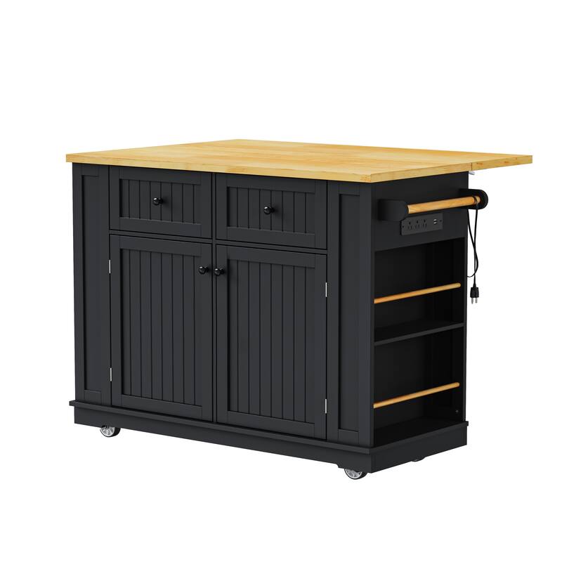 48"Kitchen Island with Drop Leaf,Power Outlet,Internal Storage Rack,Rolling Storage Cart on 5 Wheels with 5 Open Side Racks