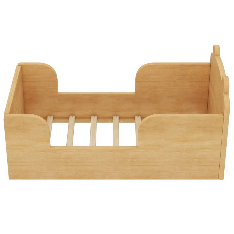 Toddler Floor Bed Frame, Cot Bed for Boys and Girls Ages 3-6, Bear Shape Toddler Bed, Natural