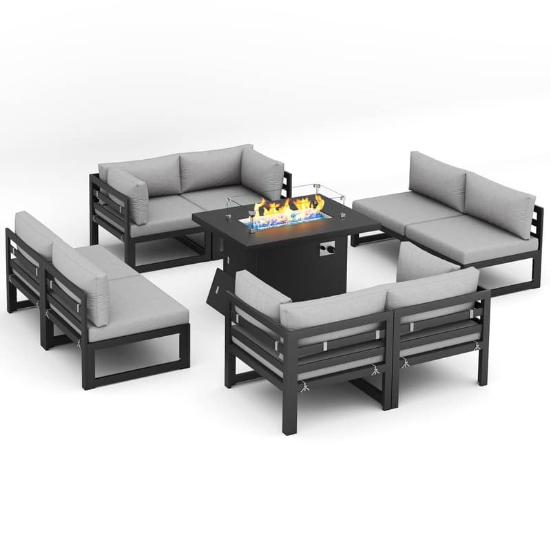 FINCATI 9 Piece Extra-large Outdoor Furniture Aluminum Patio Set with Propane/Natural Gas Firepit Table