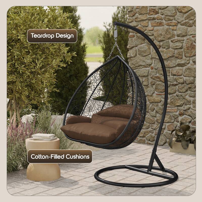 2-Person Outdoor Hanging Egg Chair with Teardrop Frame, Weather-Resistant Cotton Cushioned Seat for Patio and Indoor Use