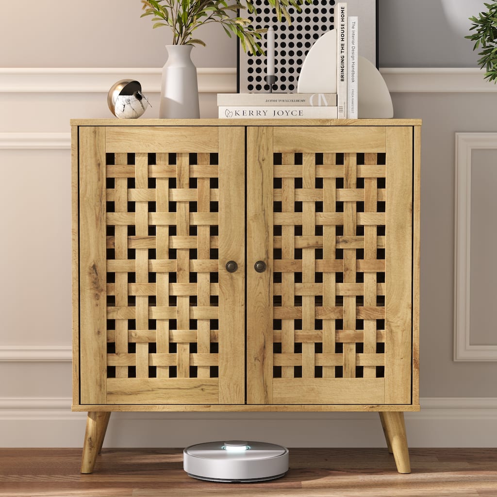 Vintage Storage Cabinet with 2 Basket Weave Wooden Doors