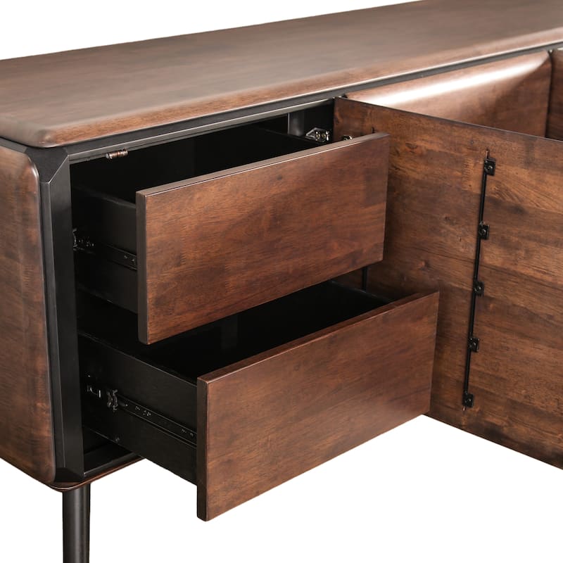 Furniture of America Abigail XV Mid-Century Modern Walnut Solid Wood Dining Server with Hidden Drawers and Shelves