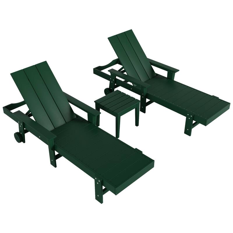 Polytrends Shoreside Modern Poly Reclining Eco-friendly Chaise Lounge With Arms, Wheels, and Side Table (3-Piece Set)