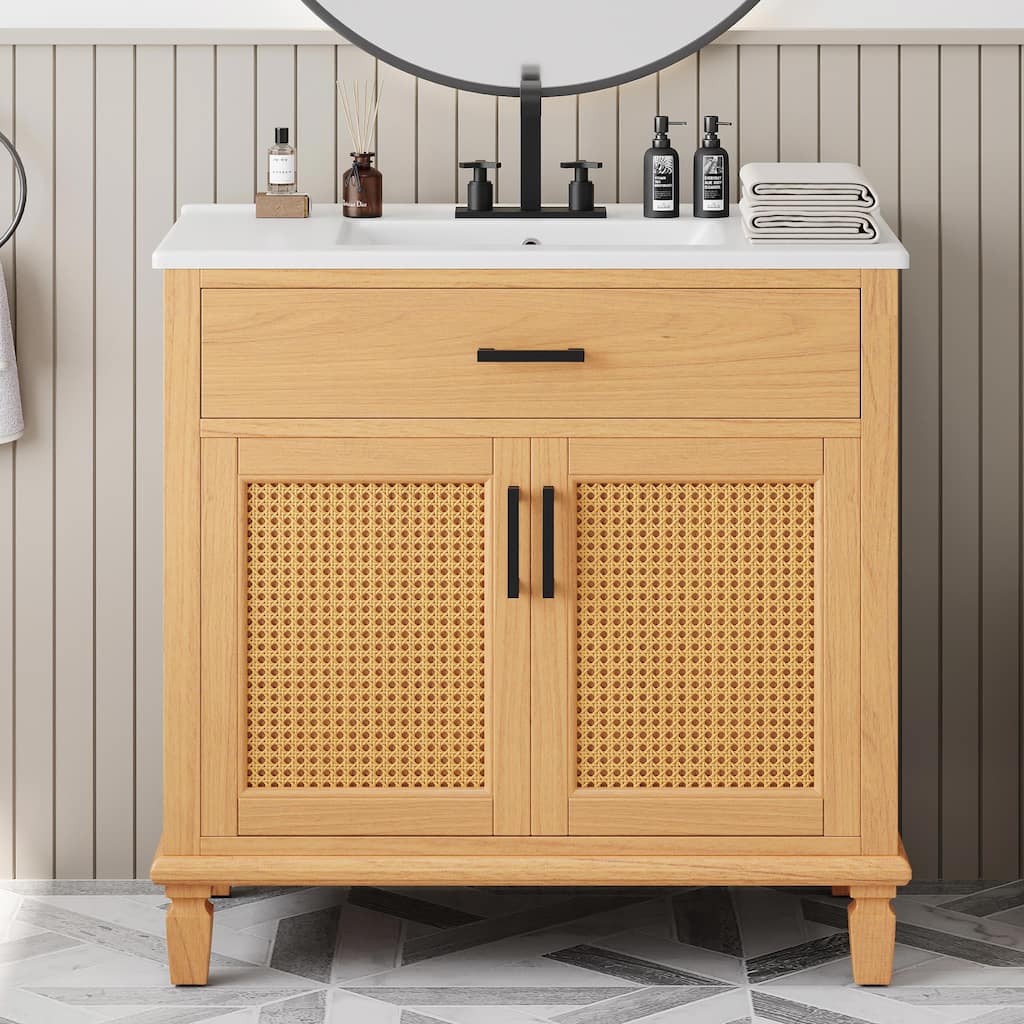 36" Rattan Bathroom Vanity with Ceramic Sink, Modern Bathroom Sink Cabinet with 2 Soft Close Doors and 3 Drawers