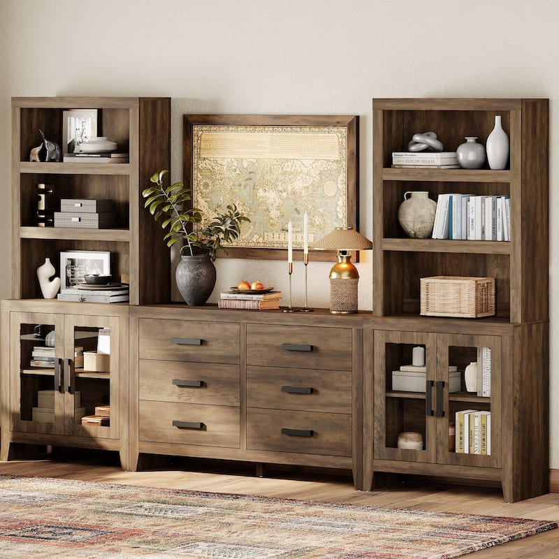 WAMPAT Farmhouse Entertainment Center with Bookshelves, Media Console with Glass Doors & 6 Storage Drawers - Brown