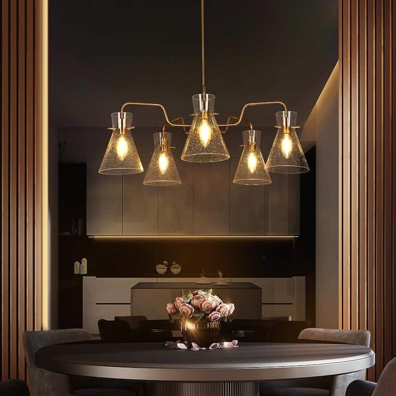 Liniya Modern Glam 5-Light Electroplated Brass Chandelier Seeded Glass Wheel Dining Room Pendant Light