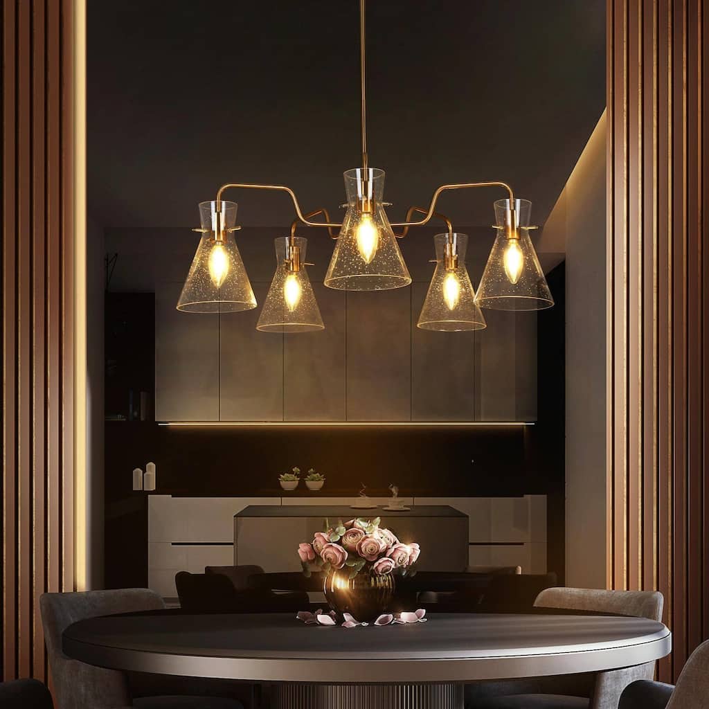 Liniya Modern Glam 5-Light Electroplated Brass Chandelier Seeded Glass Wheel Dining Room Pendant Light