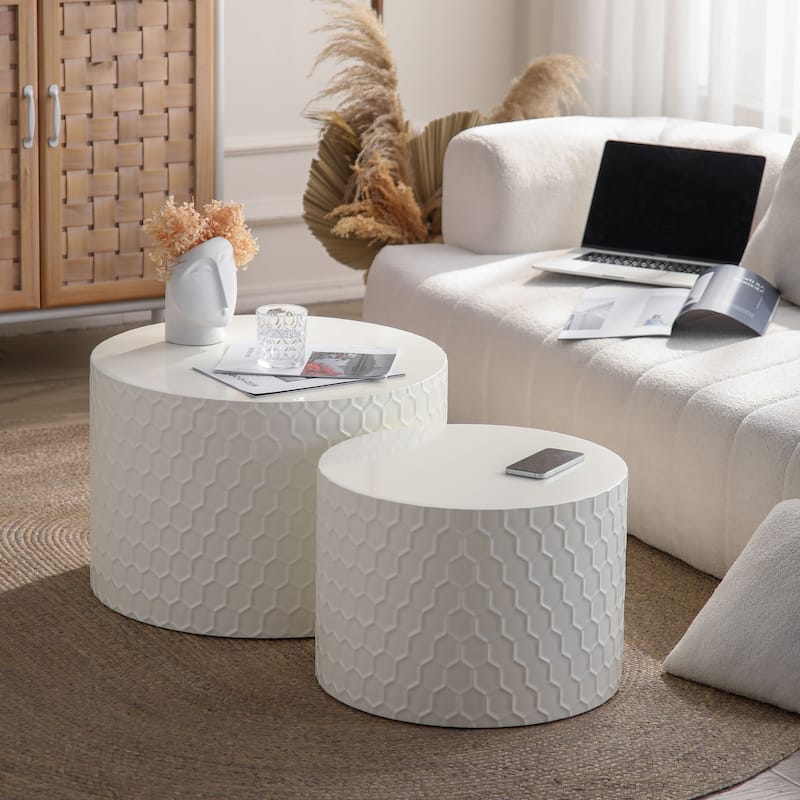 Stylish Nesting Coffee Table Set Modern Round Coffee Table with Honeycomb Design, for Living Room, 2-Piece Set