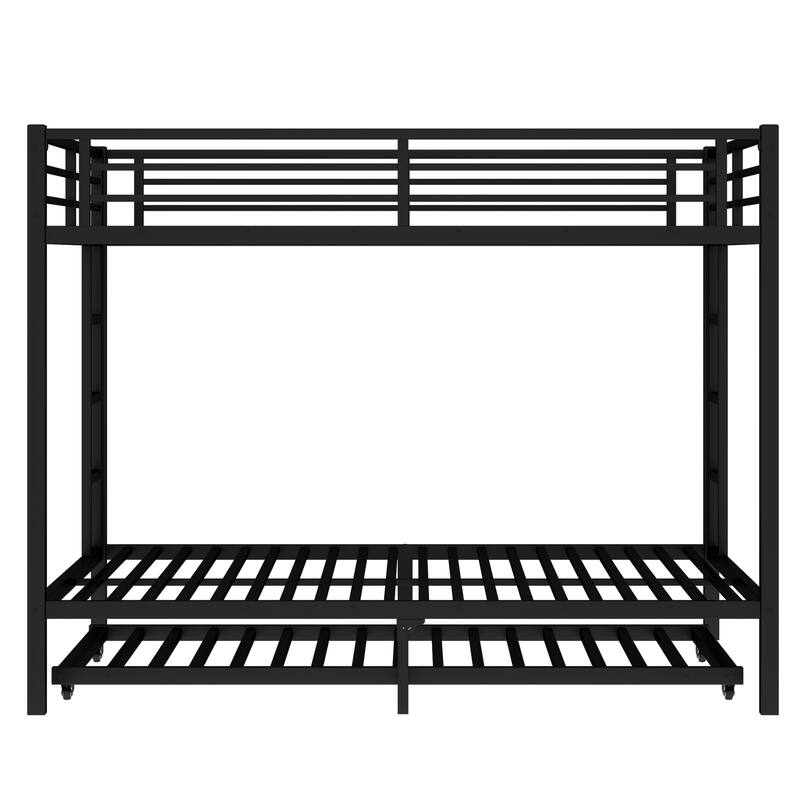 Queen over Queen Metal Bunk Bed with Twin Trundle, Black