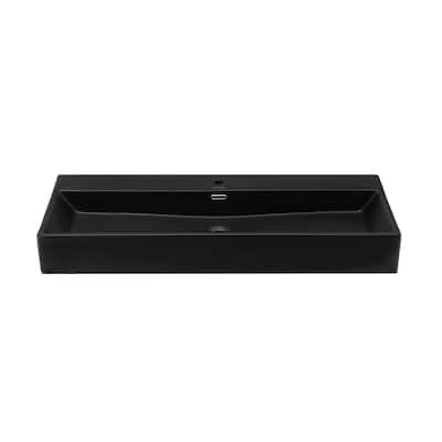Reims 40" Rectangle Wall-Mount Bathroom Sink In Matte Black - 39.65" x 16.8" 5.65"