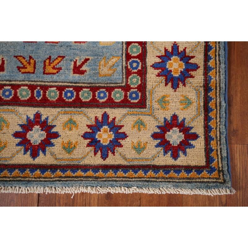 Light Blue Geometric Kazak Runner Rug Hand-Knotted Wool Carpet - 2'7" x 20'8"
