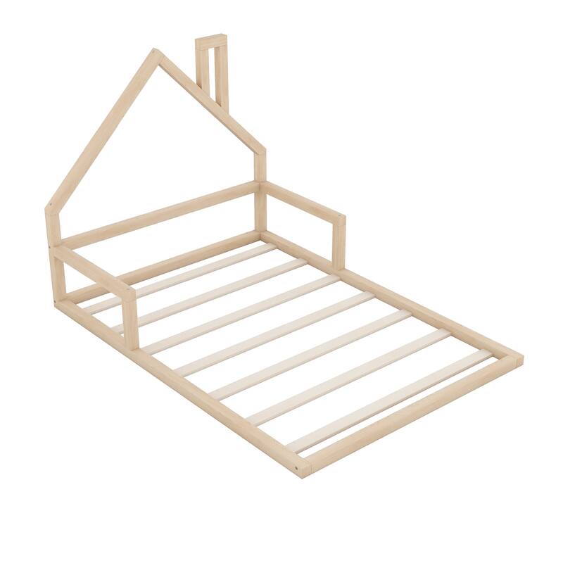 Full Size Wood Bed with House-Shaped Headboard, Sturdy Pine Frame, No Box Spring Needed, Easy Assembly Bedroom Furniture