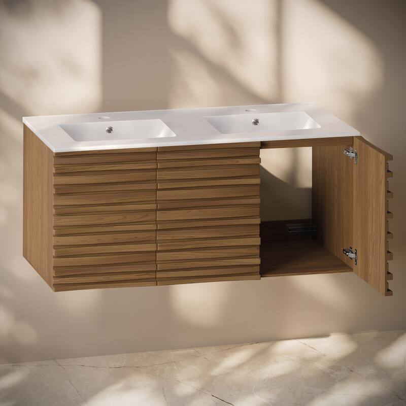 Cascade 48" Wall-Mounted Bathroom Vanity In Brown Oak With Double Basin Sink Top - 48