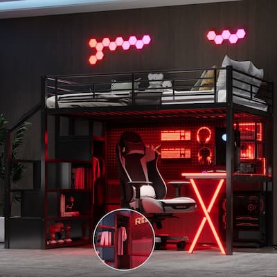 Full Size Metal Loft Bed with Built-in Work Station, Wardrobe, Storage Staircase and LED, Black