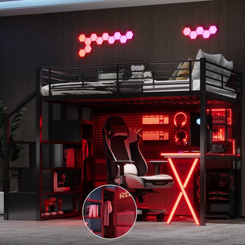 Gaming Metal Loft Bed with Built-in Work Station & Wardrobe, Heavy Duty Loft Bed Frame with Storage Staircase and LED Lights