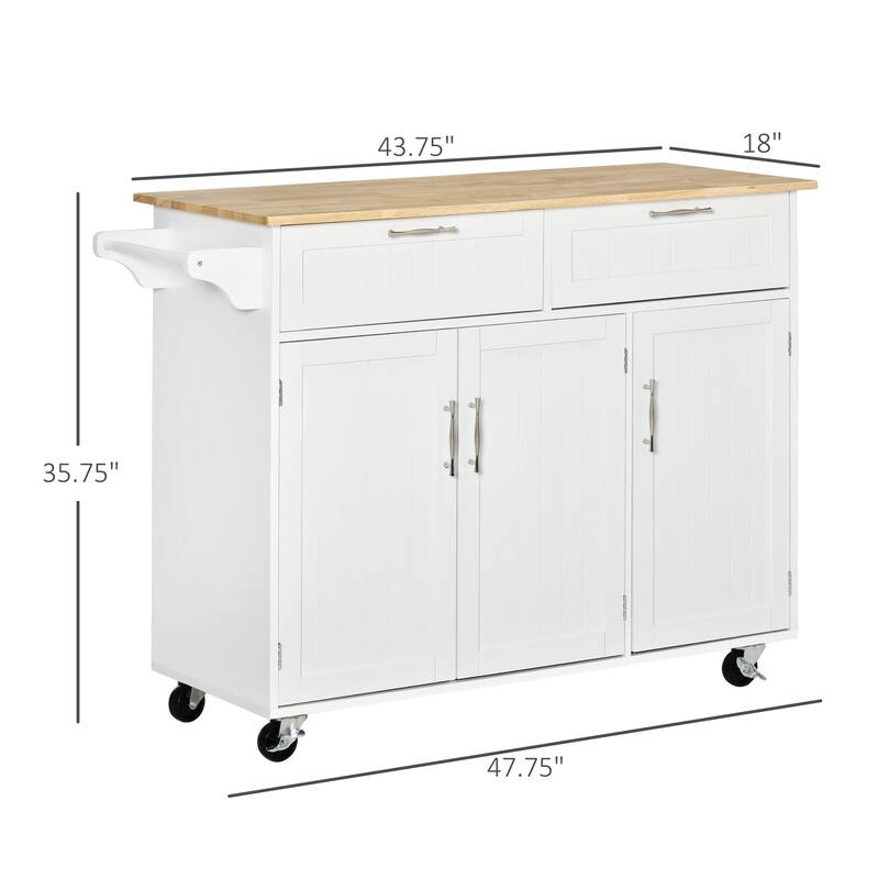 Mobile Kitchen Island On Fixed Wheels with Storage Space, 2 Drawers, 3 Cupboards, Adjustable Shelves and Towel Rack, White