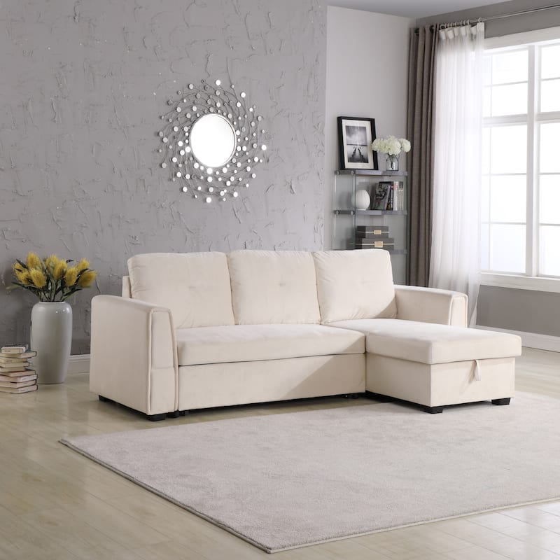 91-in. Velvet Reversible Convertible Storage Sectional/Sofa Sleeper - Cream