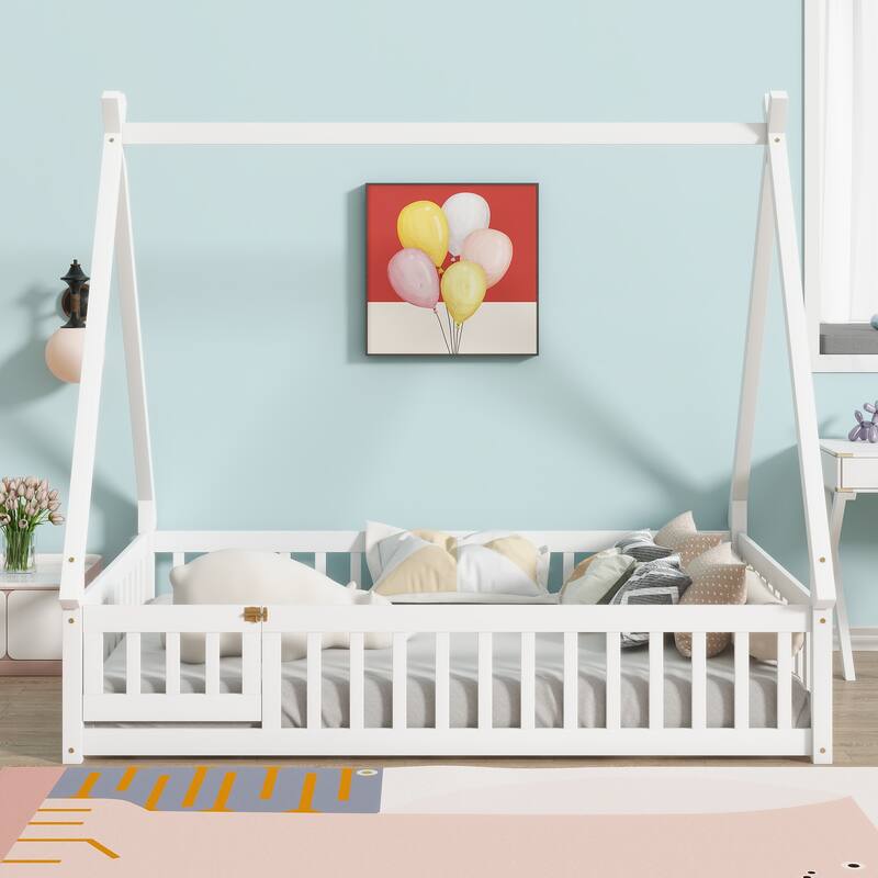 White Full Size Rubber Wood Tent-shaped Floor Bed with Guardrails, Slats and Door - White