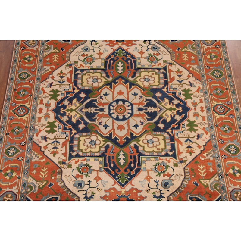 Peach Geometric Heriz Serapi Indian Area Rug Hand-Knotted Wool Carpet - 8'11" x 11'8"