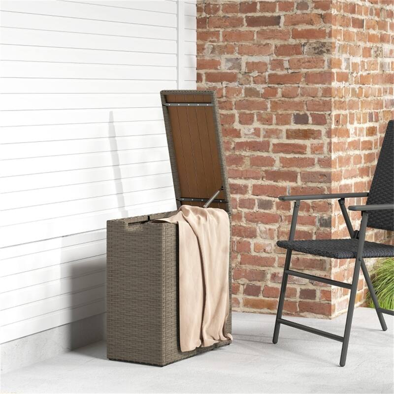 Outdoor Deck Box with Acacia Wood Top PE Rattan Steel Storage Chest Patio Garden Side Table - 11" W x 21.7" D x 23.6" H