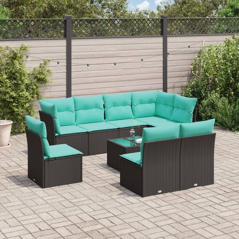 vidaXL Patio Sofa Set with Cushions Outdoor Furniture 9 Piece Poly Rattan - 21.7 x 24.4 x 27.2 - Black and blue With table
