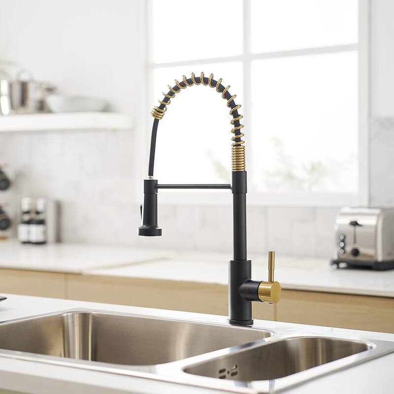 Commercial Black and Nickel Gold Kitchen Faucet with Pull Out Sprayer, Single Handle Single Lever Kitchen Sink Faucet - Beige+Gold