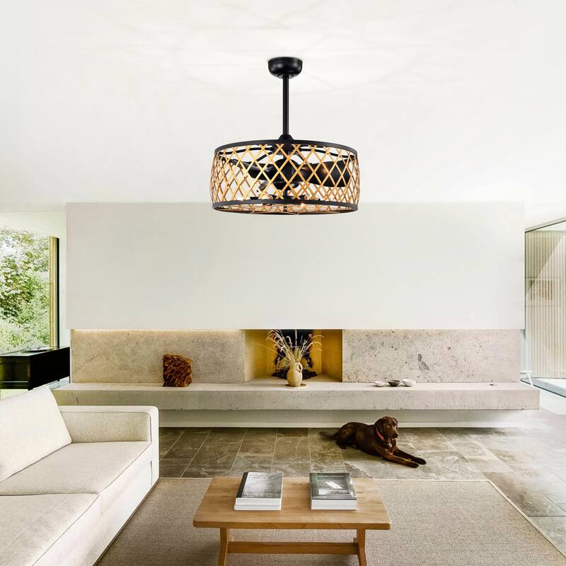 Annas 25 Inch Matte Black and Gold cage Finish Ceiling Lighted Fandelire with Remote