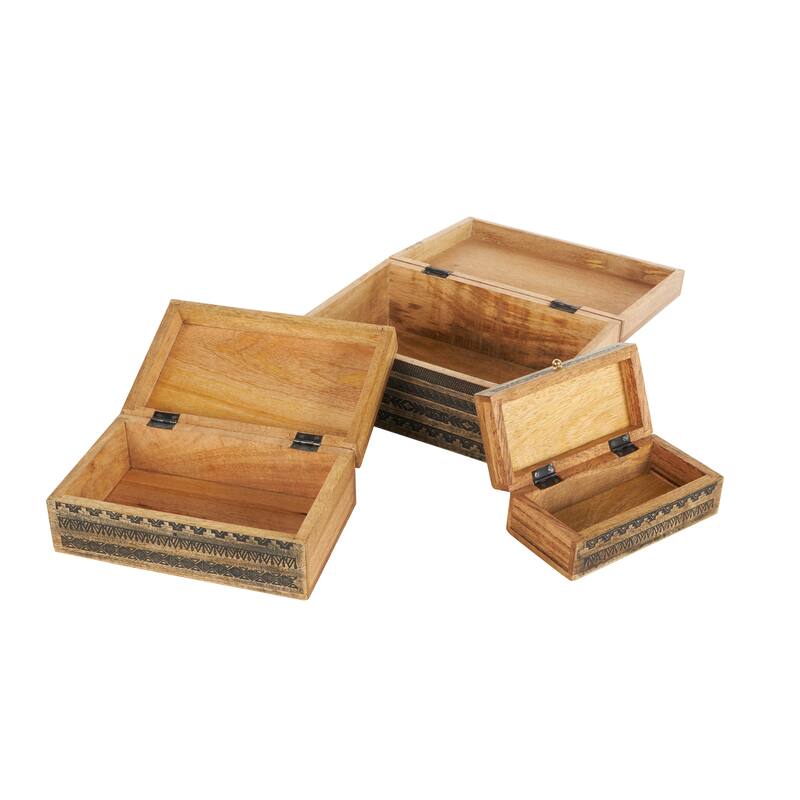 Brown Mango Wood Handmade Storage Scroll Box with Gold Accents (Set of 3)
