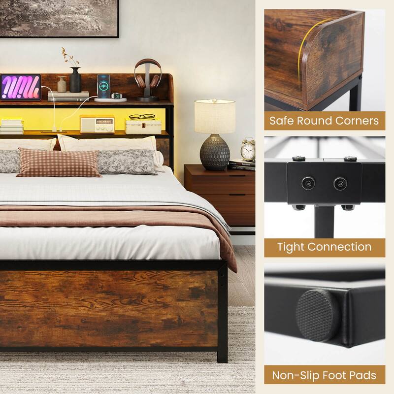 Coatway Full/Queen/King Bed Frame with LED Lights Power Outlets