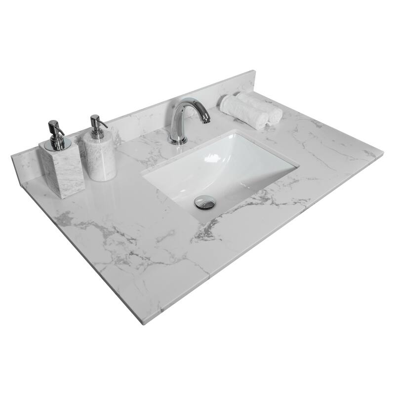 31 inch bathroom engineered stone vanity top,undermount ceramic sink and single faucet hole with backsplash - White