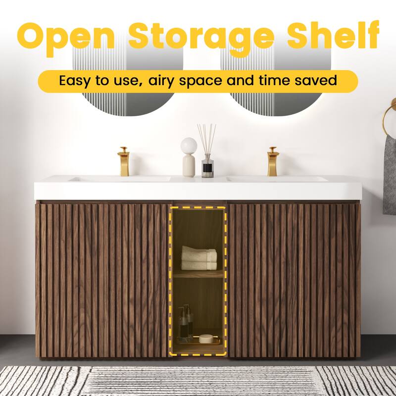 GDFStudio - Galan 60" Freestanding Bathroom Vanity with Quartz Sink, Solf Close Doors, Open Storage Shelf, NO Drain & Faucet