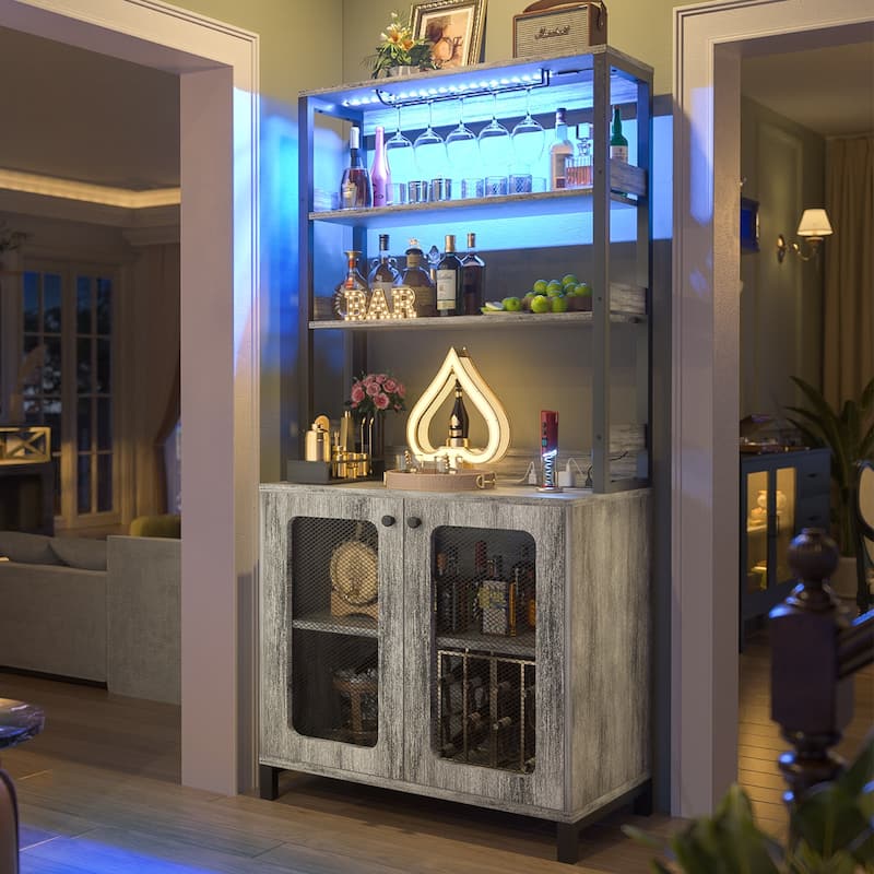 66.9'' Tall Modern Wine Cabinet Bar Cabinet with Wine Glasses Rack and LED Strip and Power Outlets - Grey