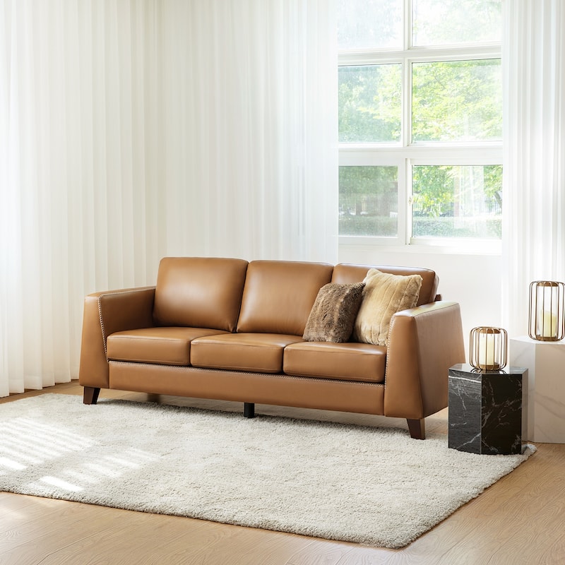 Rita 81.5" Genuine Leather Tuxedo Arm Sofa Couch With Solid Wood Legs By HULALA HOME
