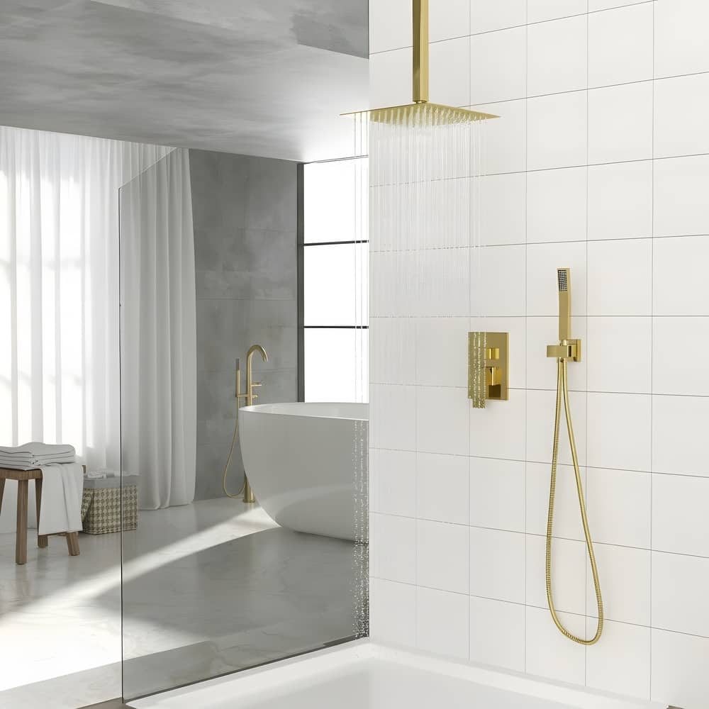 Ceiling-Mounted Square Shower System and Handheld Showerhead Set