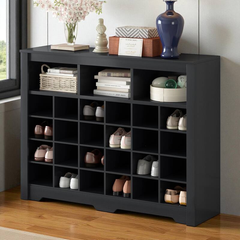 45.2" Modern 24-Cubby Shoe Storage Cabinet, Freestanding MDF Shoe Organizer Console with Curved Base for Entryway - Black