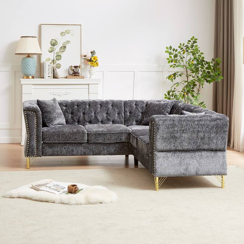 5-Seater Chenille Corner Sofa with Nailhead Trim, L-Shaped Couch for Living Rooms