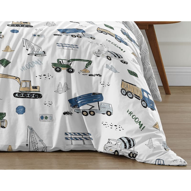 Sweet Jojo Designs Construction Truck Boy 2pc Twin Comforter Set - Grey Yellow Orange Red Blue Transportation Chevron