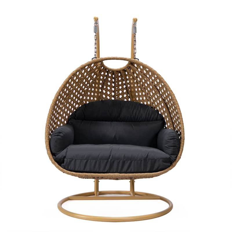 LeisureMod Mendoza 2-Person Hanging Egg Swing Chair - Handcrafted Light Brown Wicker, Patio Hammock Lounger with Cushions - 53"