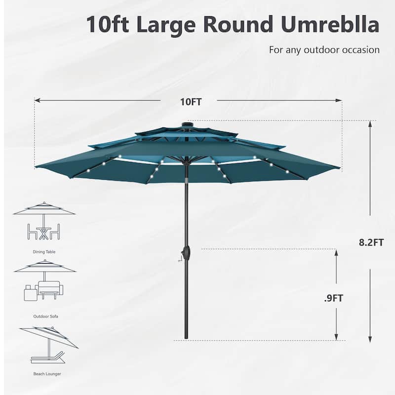 MAISON ARTS 10ft 3 Tier Auto-tilt Patio Umbrella Outdoor Double Vented Umbrella with LED Lights