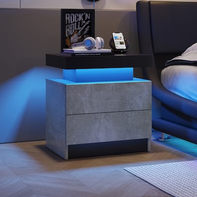 Gray End Table Office Bedside Table, Bedroom Night Stand Cabinet with Multi-color Adjustable LED Lights and 2 Drawers Nightstand