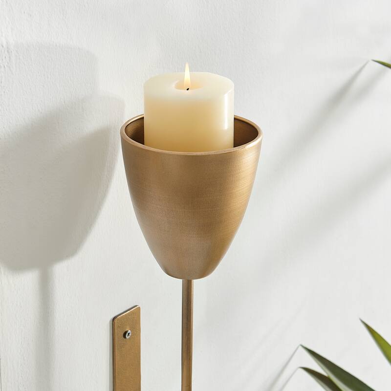 Antique Brass Mid-Century Modern Metal Wall Mount Vertical Pillar Candle Sconces Set of 2