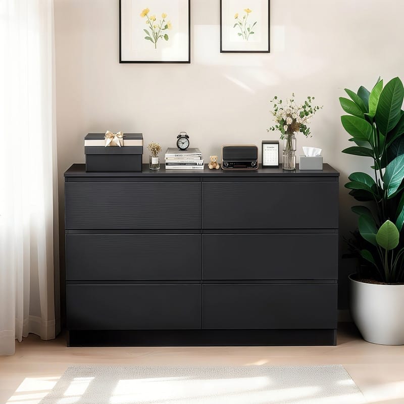 6-Drawer White Modern Dresser with Spacious Countertop, Wood Storage Cabinet with Concealed Handles - Black
