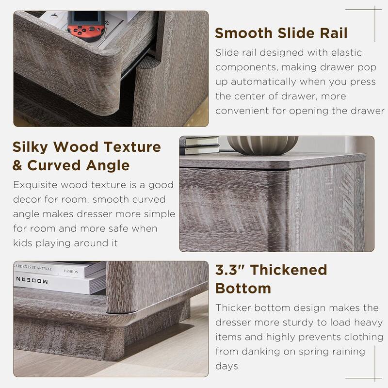 Modern Nightstand with Charging Station, End Table, Wood Beside Table