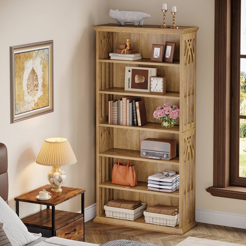 6 Tier Bookshelf, 75 Inch Tall Bookcase, Freestanding Display Shelves - Light Brown
