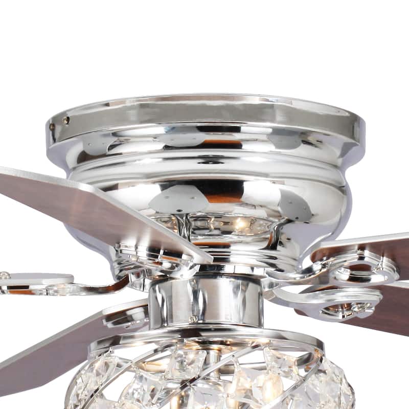 48" Chrome Wooden 5-Blade Crystal Flush Mount Ceiling Fan with Remote