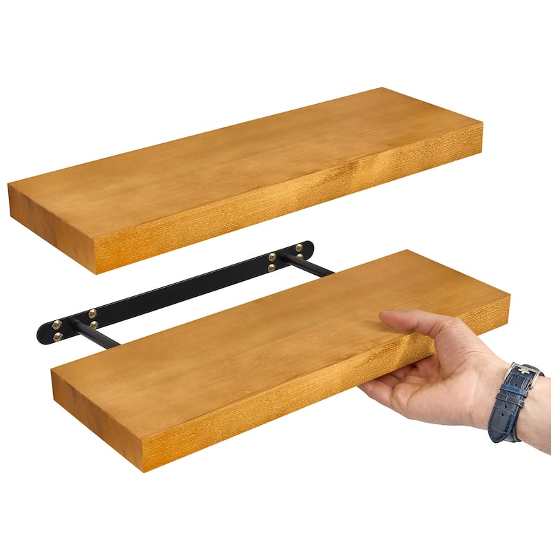 Solid Wood Floating Shelves for Wall - Compact Wooden Wall-Mounted Shelves (16”, Set of 2) - 5.5” L X 16"W X 1.2” H